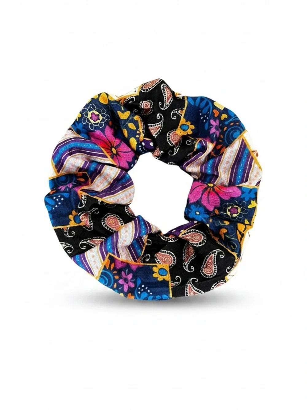 Patchwork Black Pink Floral Paisley Heart Polka Dot Stretchy Fabric Scrunchie